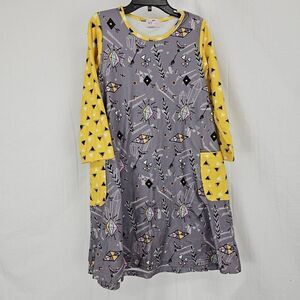 Pete Lucy Girls Size 5 Gray Yellow Geormetric Print Long Sleeve Dress Pockets
